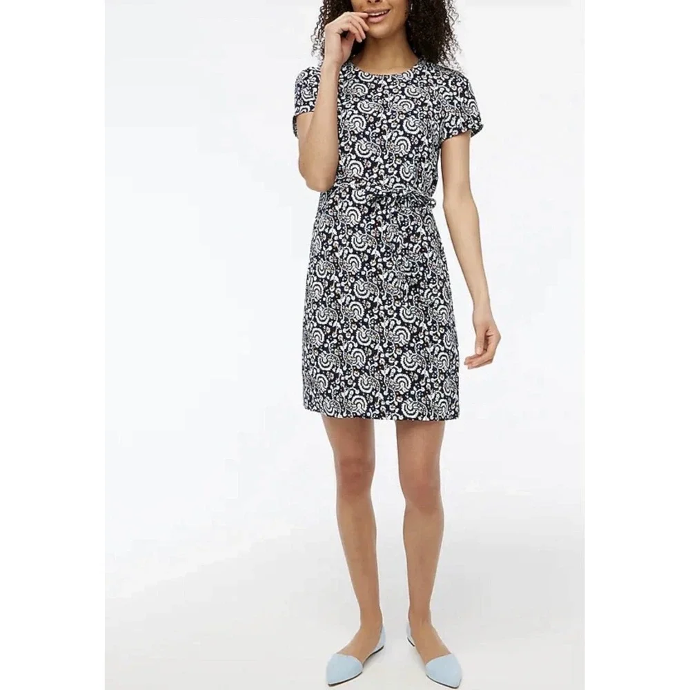 J‎ Crew 12 Navy Floral Paisley Belted Suiting Dress Short Sleeve Office Sheath